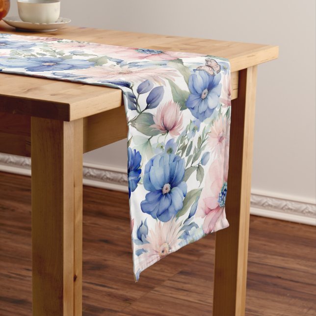 Classy Pink & Blue Flower Bunch Long Table Runner (In Situ)
