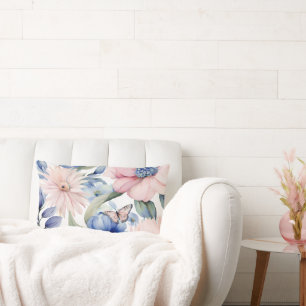 Classy Pink & Blue Flower Bunch Lumbar Cushion