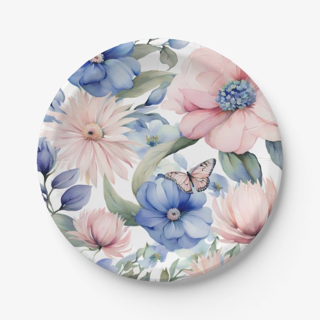 Classy Pink & Blue Flower Bunch Paper Plate (Front)