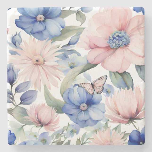 Classy Pink & Blue Flower Bunch Stone Coaster (Front)