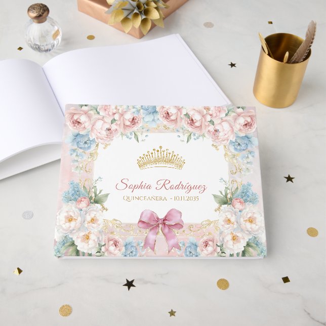 Classy Pink Bow Floral Quinceanera Custom Guest Book (Front Open)