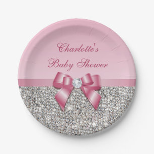 Classy Pink Bow Silver Sequins Baby Shower Paper Plate