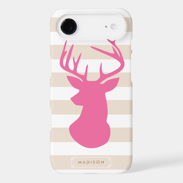 Classy Pink Deer Head Linen Stripes Personalised Case-Mate iPhone Case (Back)