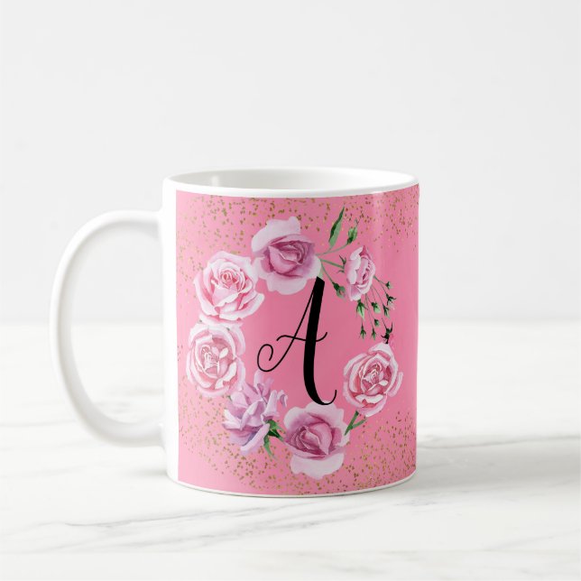 Classy Pink Feminine Roses Initial Coffee Mug (Left)