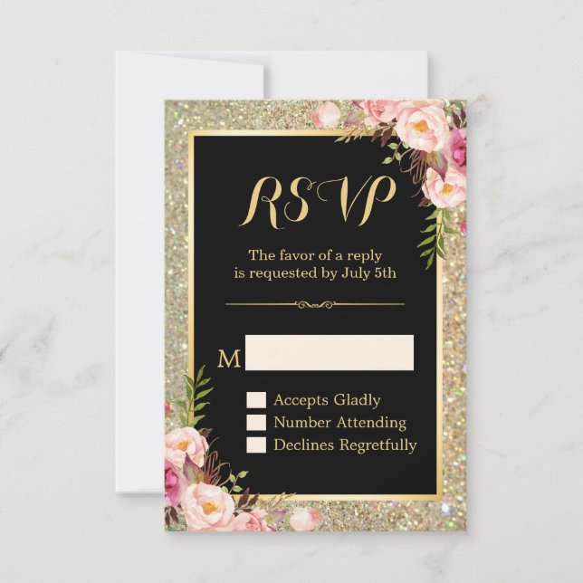 Classy Pink Floral Gold Glitter Sparkling RSVP Card (Front)
