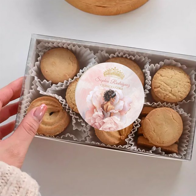 Classy Pink Flower Dress Quinceanera Classic Round Sticker (Classy Pink Flower Dress Quinceanera Classic Round Sticker)