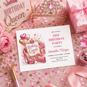 Classy Pink Gold Glitter Birthday Queen Party Invitation