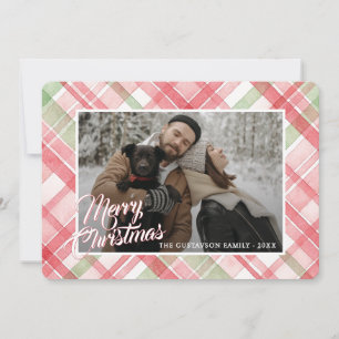 Classy Pink Red Green Watercolor Plaid Art Pattern Holiday Card