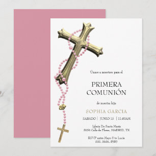 Classy Pink Rosary & Gold Cross Comunión Invitation