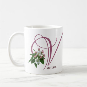 Classy pink roses flowers personal V monogram Coffee Mug