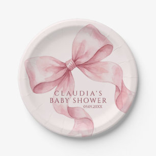 Classy Pink Watercolor Bow Baby Shower Paper Plate