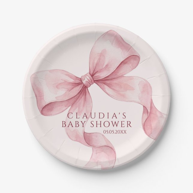 Classy Pink Watercolor Bow Baby Shower Paper Plate (Front)