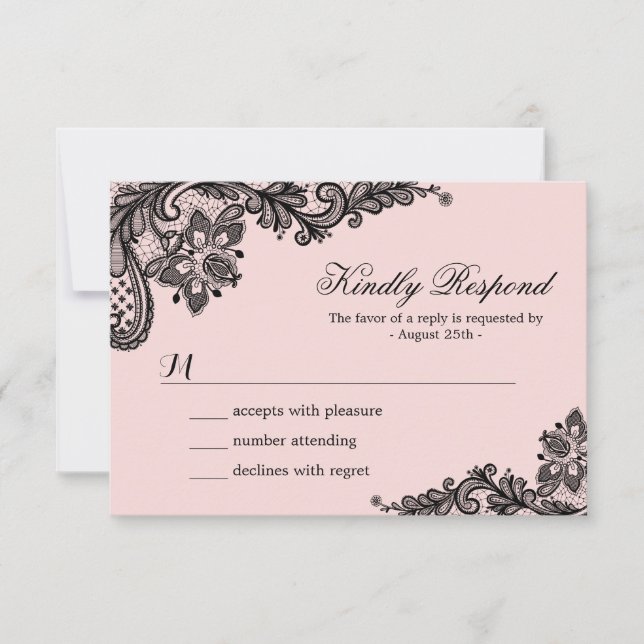 Classy Pink with Black Lace Wedding RSVP Card (Front)