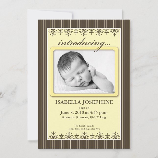 Classy Pinstripe Lemon 5x7" Birth Announcement (Front)
