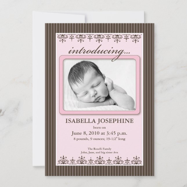 Classy Pinstripe Pink 5x7" Birth Announcement (Front)