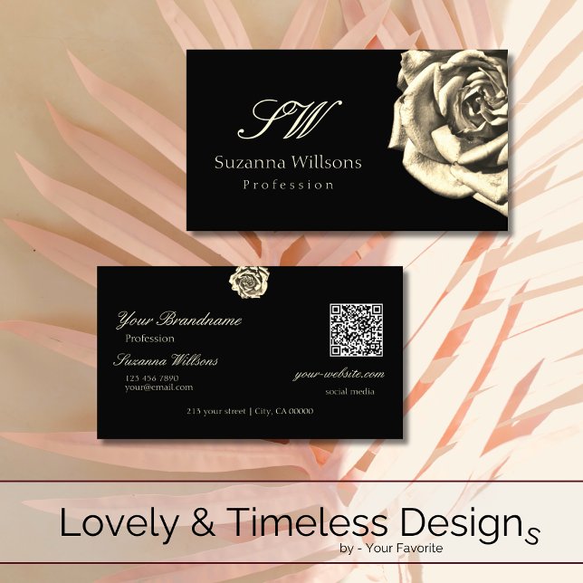 Classy Plain Black Beige Rose Initials QR Code Business Card (Creator Uploaded)