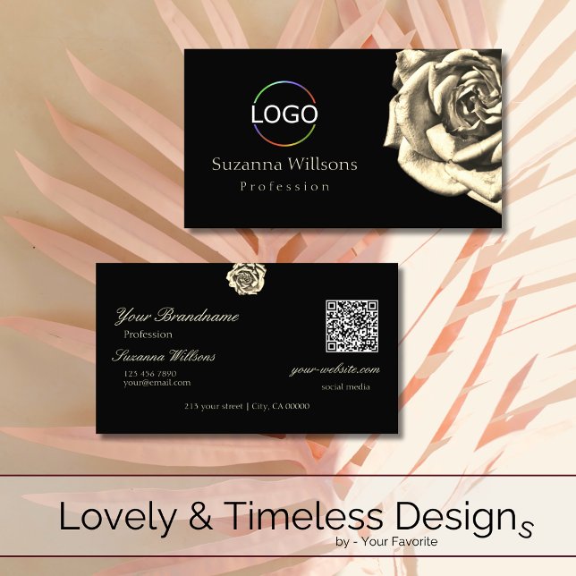 Classy Plain Black Beige Rose Logo and QR Code Business Card (Creator Uploaded)