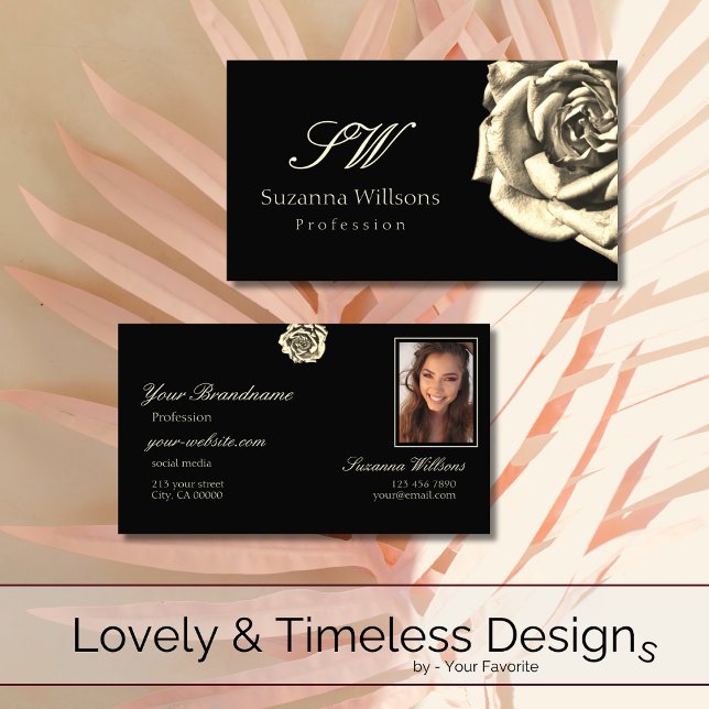Classy Plain Black Beige Rose with Initials Photo Business Card (Creator Uploaded)