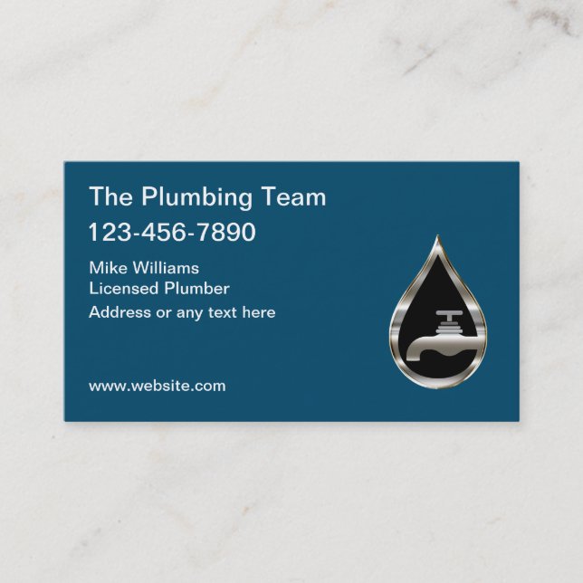 Classy Plumbing Service Silver Tone Water Drop Business Card (Front)