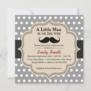 Classy Polka Dots Moustache Little Man Baby Shower Invitation