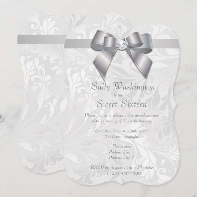 Classy Posh Diamond Bow & Damask Sweet 16 Invitation (Front/Back)