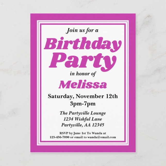 Classy Purple Adult Birthday Party Invitation Postcard (Front)