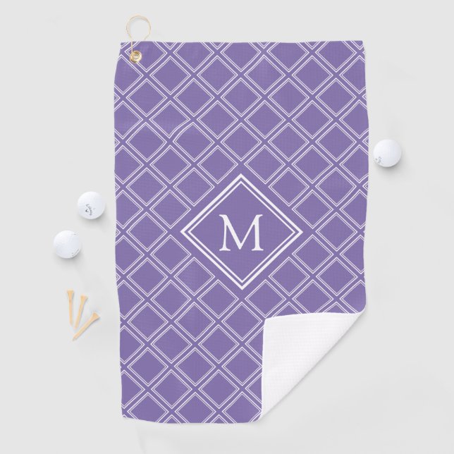 Classy Purple and White Diamond Pattern Monogram Golf Towel (InSitu)