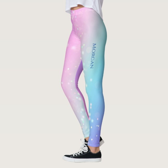 Classy Purple & Blue Bokeh Star, Name or Message Leggings (Left)