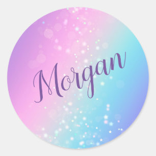 Classy Purple & Blue Bokeh Star, Name or Monogram Classic Round Sticker
