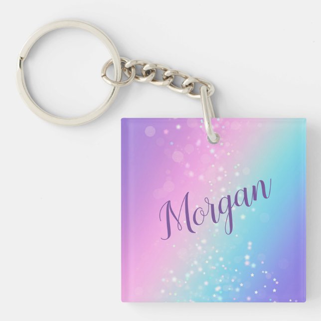 Classy Purple & Blue Bokeh Star, Name or Monogram  Key Ring (Front)