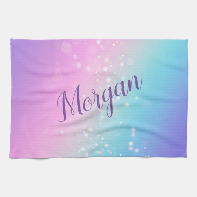 Classy Purple & Blue Bokeh Star, Name or Monogram  Tea Towel (Horizontal)