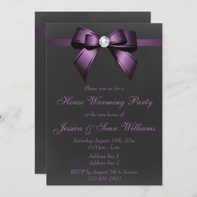 Classy Purple Bow House Warming Party Invitation (Front/Back)