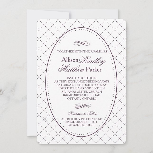 Classy Purple Check Pattern Wedding Invitation (Front)