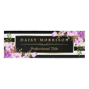 Classy Purple Floral Gold Black White Stripes Name Tag