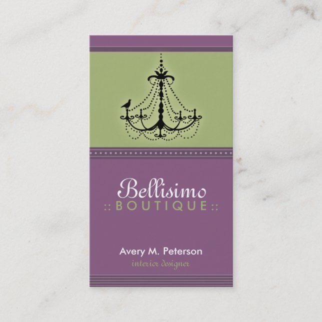 Classy Purple/Lime Chandelier Trendy Business Card (Front)
