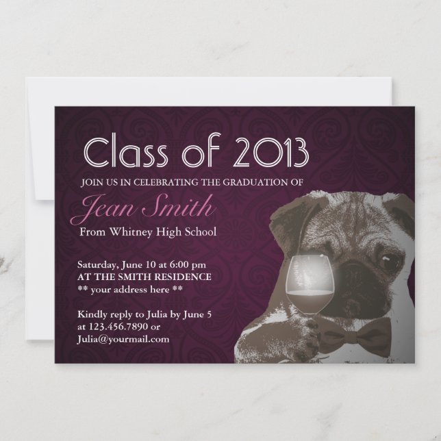 Classy Purple Pug & Wine Graduation Party Invite (Front)