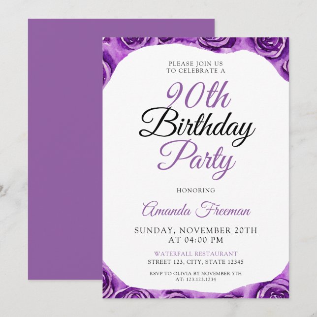 Classy Purple Rose 90th Birthday Invitation (Front/Back)