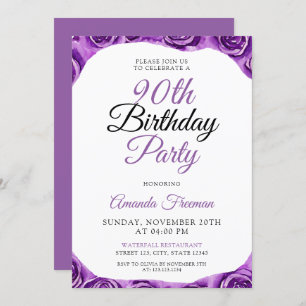 Classy Purple Rose 90th Birthday Invitation