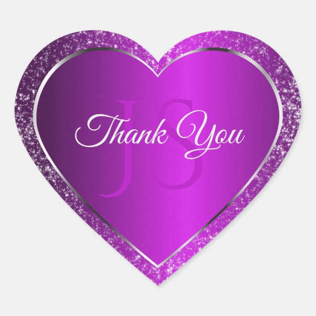 Classy Purple with Glitter Initials Cute Thank You Heart Sticker (Front)