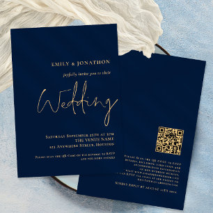 Classy QR Code Navy Gold Script Wedding Invitation