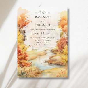 Classy Red Autumn River Forest Fall Wedding Invitation