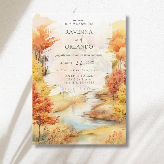 Classy Red Autumn River Forest Fall Wedding Invitation (Creator Uploaded)