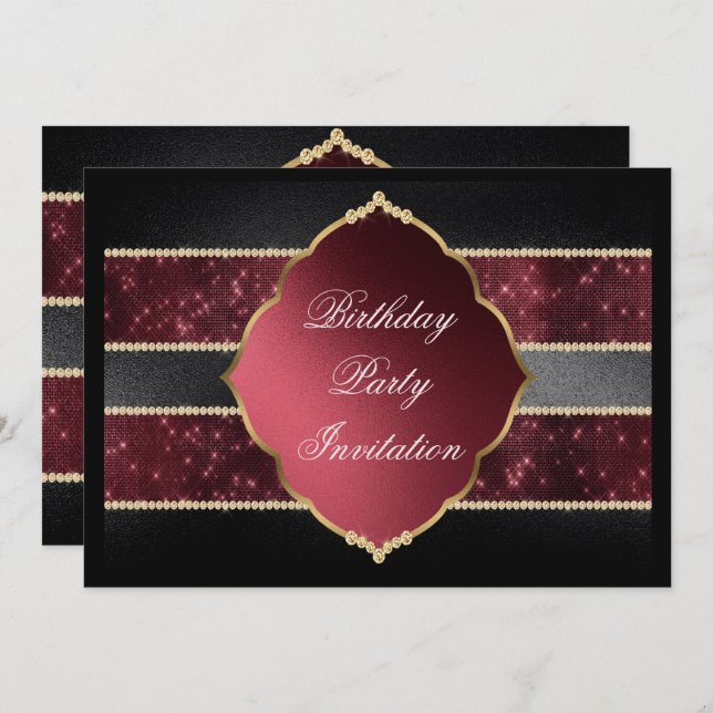 Classy Red, Black & Gold Jewels Decorated Birthday Invitation (Front/Back)