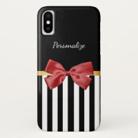 Classy Red Bow Black and White Stripes With Name