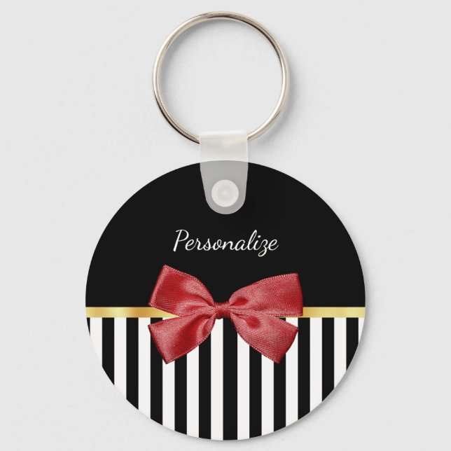 Classy Red Bow Black and White Stripes With Name Key Ring (Front)