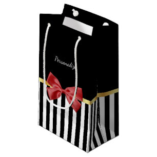 Classy Red Bow Black and White Stripes With Name Small Gift Bag