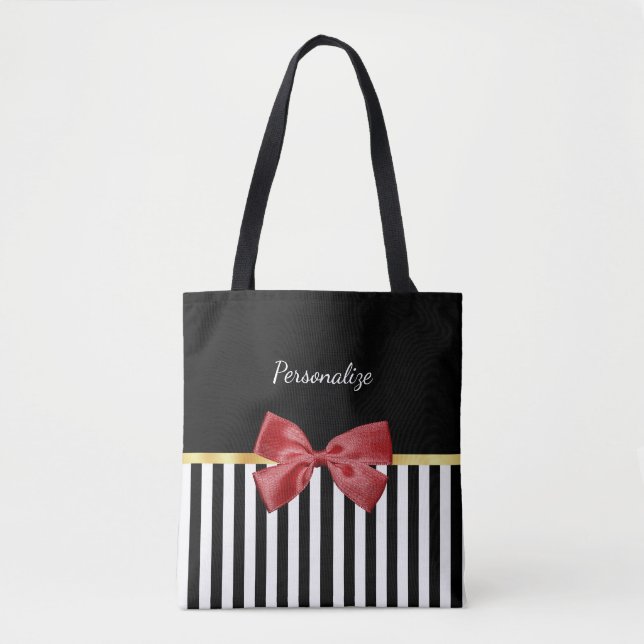 Classy Red Bow Black and White Stripes With Name Tote Bag (Front)