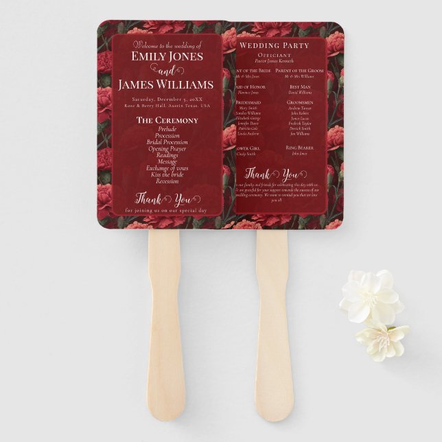 Classy Red Carnation Garden Destination Wedding Hand Fan (Front and Back)