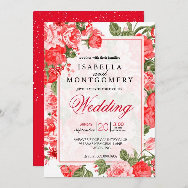 Classy Red Floral Wedding Invitation (Front/Back)