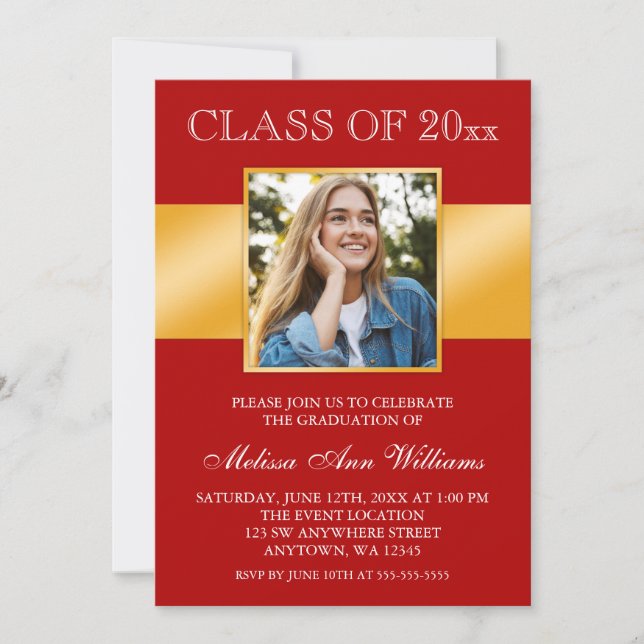 Classy Red Gold Photo Graduation Announcement (Front)